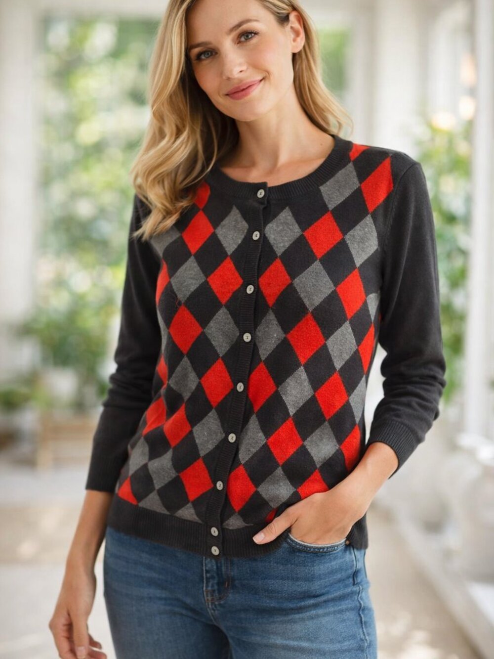 NWT Croft & Barrow Argyle Button-Front Cardigan Sweater - Black/Red/Grey